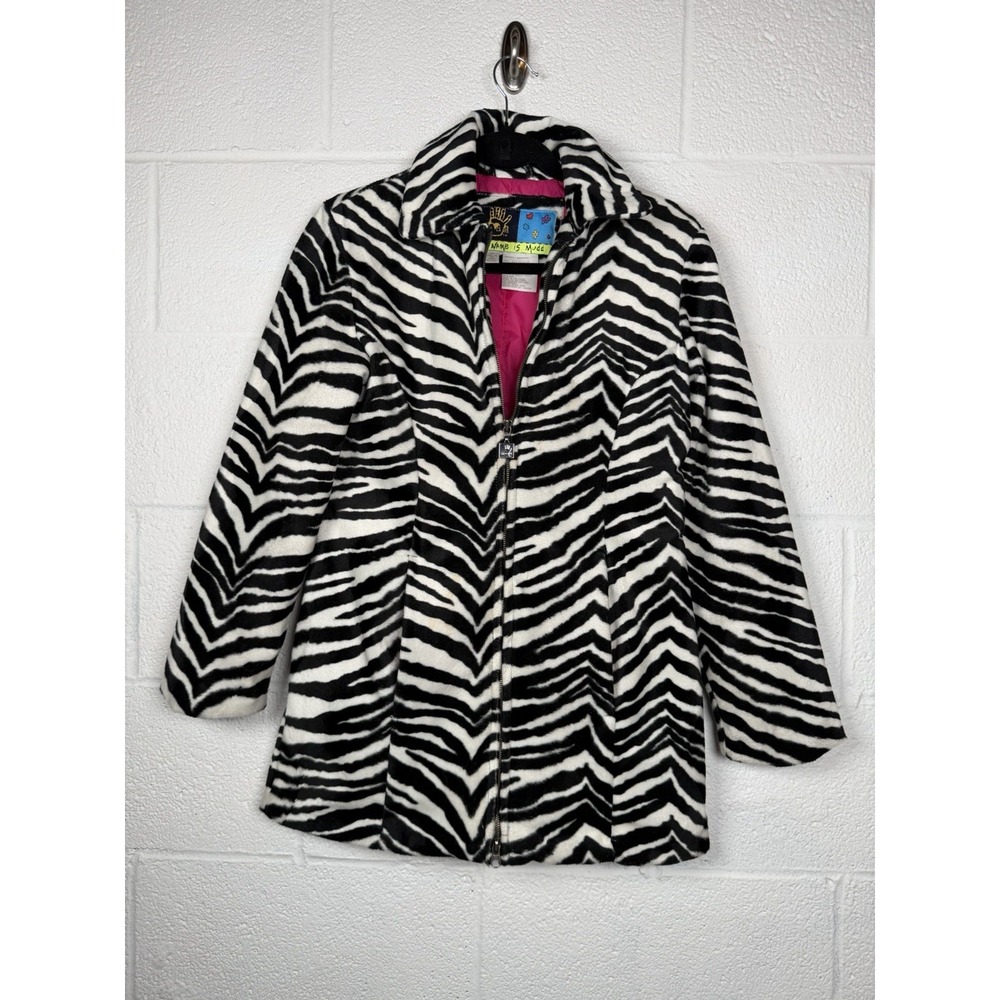 Mudd Zebra Print Faux Fur Coat XS Y2K Jacket Pink Lined Indie Sleaze Bratzcore